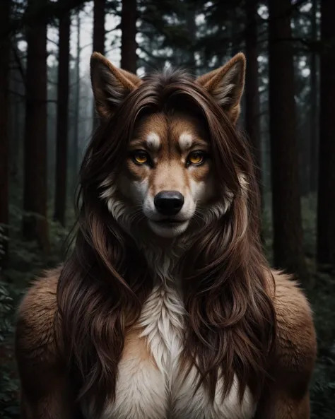 a close up of a dog with long hair in a forest