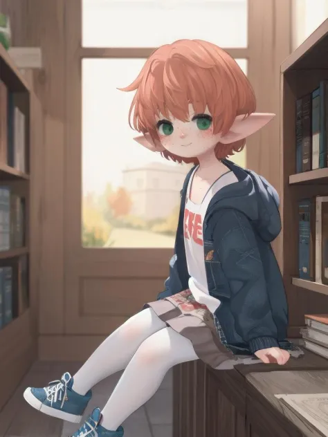 (masterpiece:1.2), (best quality:1.2), 1girl, solo, looking at viewer, smile, blush, BREAK
<lora:popoka:0.9> popoka,  <lora:MofufuV6:0.7> (Mofufu), (Lalafell), freckles, orange hair, green eyes, jean jacket, hi-top canvas sneakers, quiet library, wooden shelves lined with antique tomes, early morning sunlight streaming in through tall windows, white pantyhose, BREAK