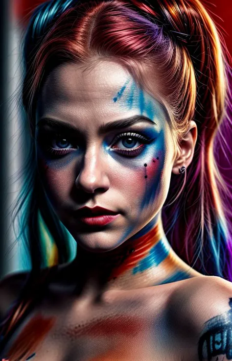 (extreme closeup:1.25) of a woman with colorful paint on his face, a digital painting, inspired by René Auberjonois, behance con...