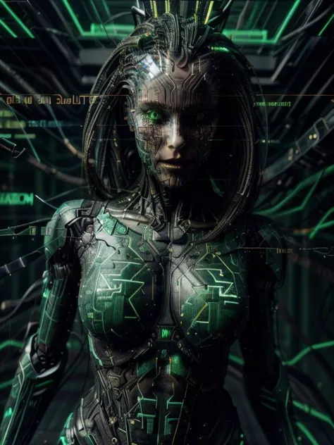 SHODAN android girl, (best quality:1.5) 1girl, belle cute teen pretty teenage girl, (detailed drawn face correct eyes)++, glowing yellow eyes, far shot, full body showing, complex epic ruined laboratory scenery, cyberpunk style, hair made of wires and cabl...