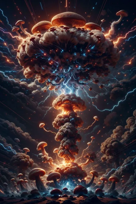 (explosive mushroom cloud:1.2), intricate, fine hairs, ultrafine detail,  realistic, perfect exposure,
 myceliumtech, scifi, Psychedelic , Mycelia, spongy thundermagic, excessive energy, charged aura, 