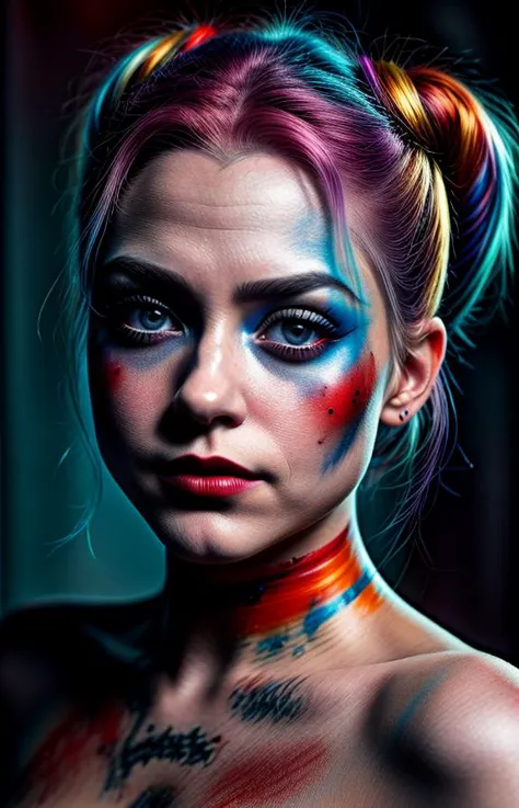 extreme closeup of a woman with colorful paint on his face, a digital painting, inspired by René Auberjonois, behance contest winner, mesmerizing blue eyes, name is Harley Quinn, (DEN_setaya_SG), vibrant eyes, (with extremely detailed skin and round eyes with extremely detailed pupils and irises and parted lips), the album is called Harley Quinn, perfect coloring, imagine fx, detailed art in color, aura jared and wires, ryan gosling, solid coloring <lora:PotatEnhancer_V1_6:0.55> <lora:difConsistency_detail:0.25> <lora:more_details:0.45> <lora:speedy1p5:1.15>