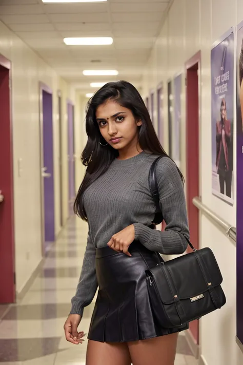 foto colorida de uma mulher pequena de 20 anos, dgespressov2_de:0.8,  ((Expressão de raiva)) no rosto, estudante universitário segurando uma bolsa, vestindo suéter apertado, saia curta de couro, pernas ligeiramente abertas, mão alcançando o espectador,  sexy, danadinho, no corredor da faculdade com pôsteres coloridos ao fundo, iluminação cinematográfica