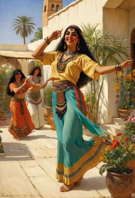 a painting of a woman in a blue skirt dancing outside