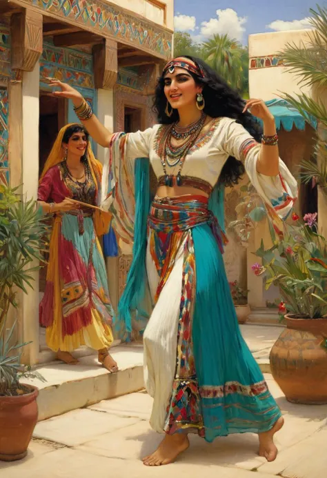 a painting of a woman in a colorful outfit dancing