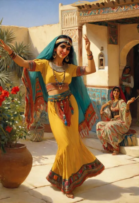 a painting of a woman in a yellow dress dancing in a courtyard