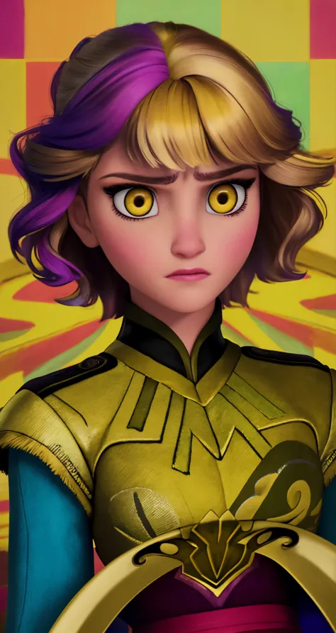 a close up of a cartoon girl with purple hair and a yellow jacket