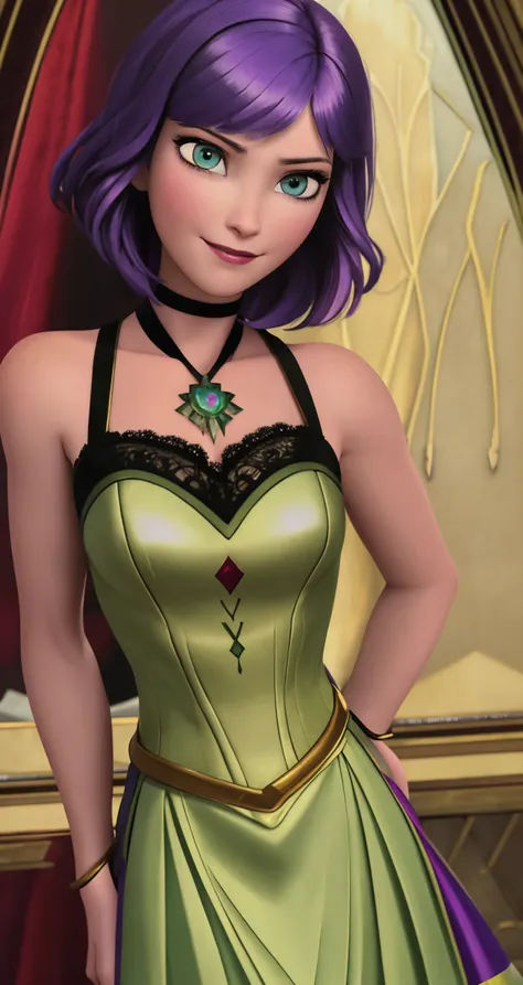 a woman in a green dress and purple hair standing in front of a mirror