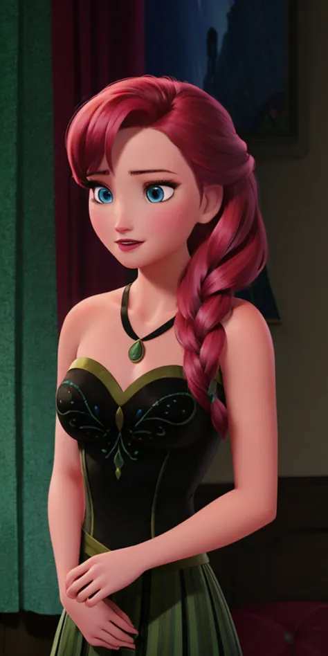 a close up of a cartoon girl in a green dress