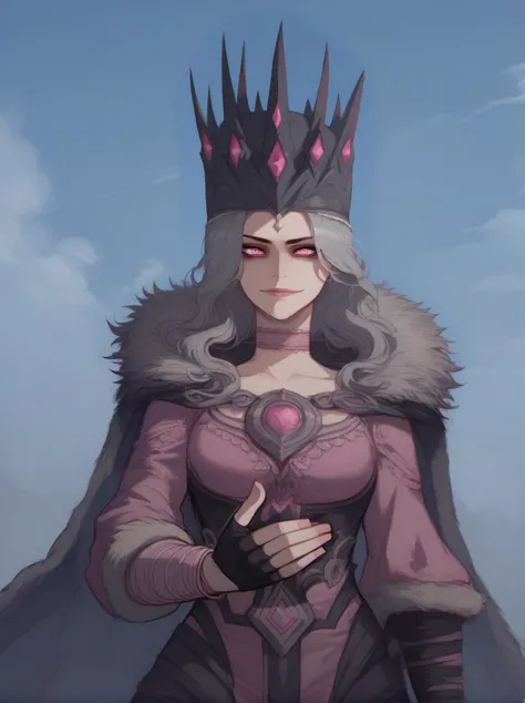 score_9, score_8_up, score_7_up, 1girl, , perfect hands, katarinkis, fur trim dress, fur cloak, crown, headpiece, Slaanesh,Slaanesh corrupted, evil smile, looking at viewer, pink eyes , SlaneeshXL,grey hair,wavy hair, tiara,pink dress,pink choker,black fingerless gloves, black tighhighs, standing , full body, sky, <lora:[GP] somethingweird [Pony XL]:0.2> <lora:Expressive_H:0.8> Expressiveh <lora:ratatatat74_pony_v2:0.8>   <lora:XL_Slaneesh:0.4> <lora:KatarinaKislev2:0.8>