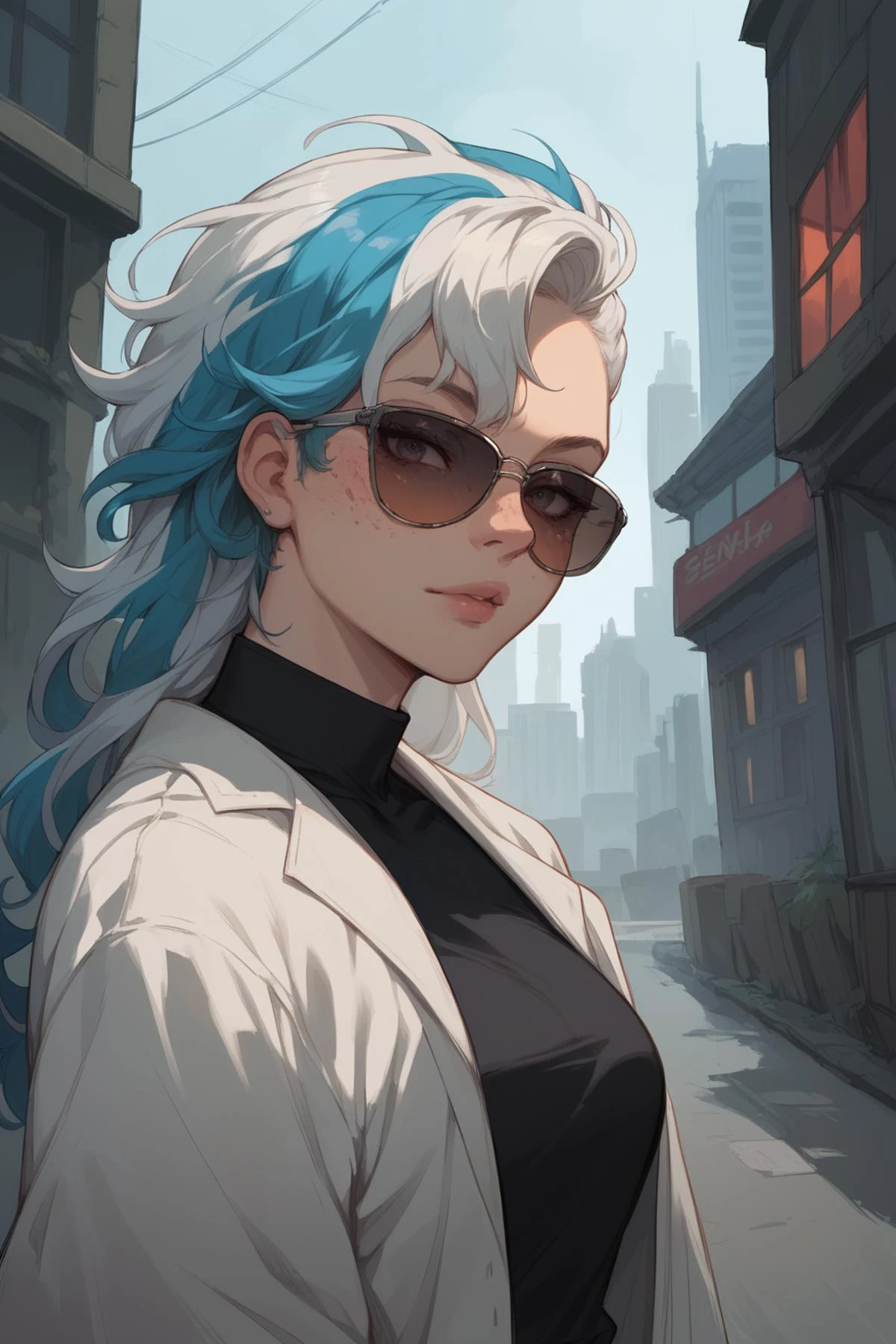 score_9, score_8_up, score_7_up, score_6_up, score_5_up, score_4_up, 1girl, cowboy shot, long hair, wayfarer sunglasses, asymmetrical hair, layered hair, freckles, looking at viewer, city background, sinozick style, 