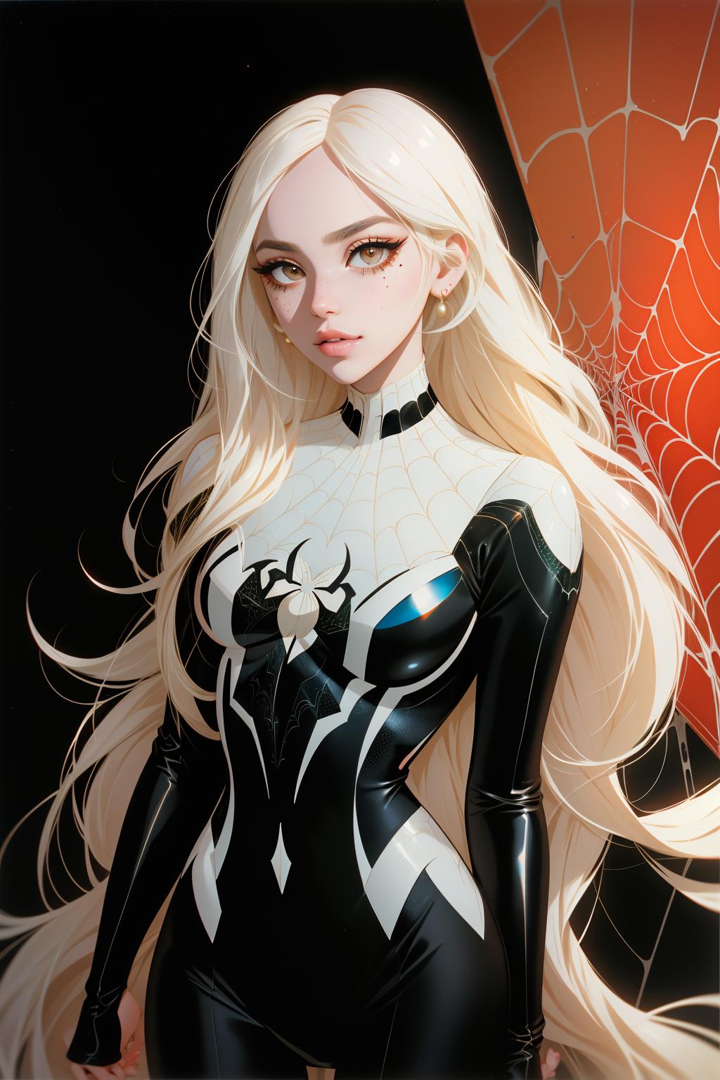 A woman in a black and white suit with a spider - man face - SeaArt AI