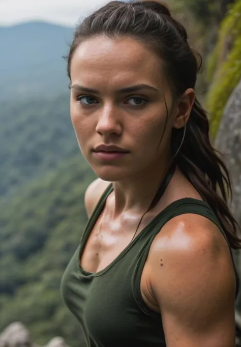 RAW photo of sks woman as an action hero, daisy ridley, <lora:lora_daisy_v1_from_v1_160:1.2>, cosplay as lara croft tomb raider, (large breasts), torn up tank top, ripped clothes, brown shorts, hair tied up, on a rocky cliff overlooking a jungle, (masterpi...