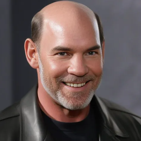 a close up of a man in a leather jacket smiling