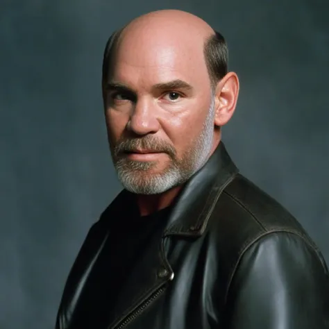 a close up of a man in a leather jacket posing for a picture