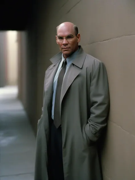 arafed man in a trench coat leaning against a wall