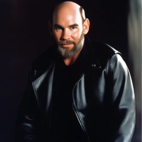 a close up of a man in a leather jacket posing for a picture