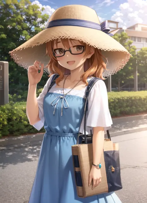 masterpiece, best quality, ultra-detailed, illustration araki_hina, 1girl, glasses, hat, solo, brown eyes, dress, jewelry, orange hair, bag, medium hair, necklace, smile, day, open mouth, looking at viewer, sky, sun hat, outdoors, blush, cloud, water bottle, ocean, bottle, water, blue dress, handbag, ribbon, black-framed eyewear, collarbone