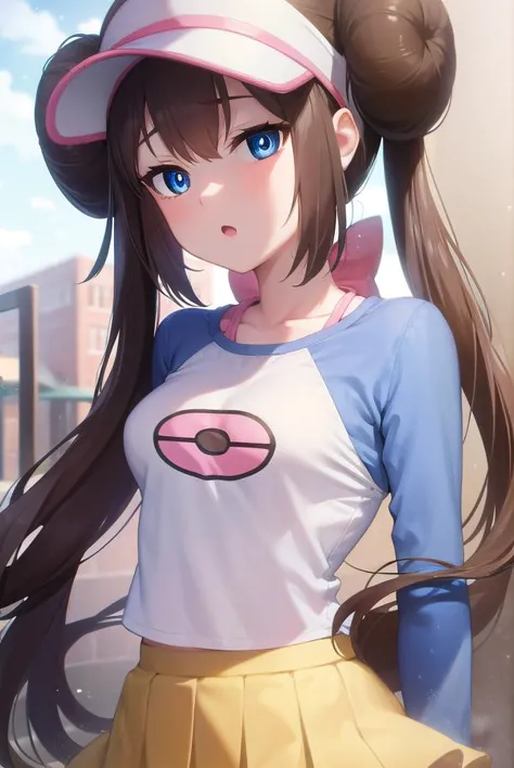 anime girl with ponytail and hat standing in front of a building