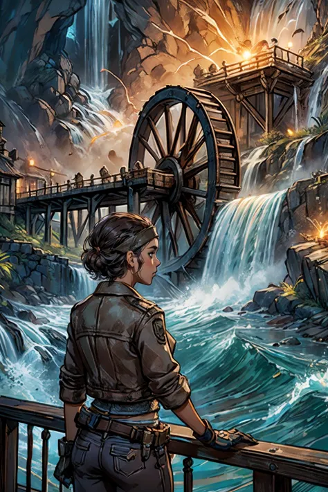 <lora:Alyxv2:.8> alyxvance, dark skin, headband, short hair, jacket, gloves, pants, belt, looking serious, upper body shot, 
waterWheel,wooden water wheel in waterfall,water wheel,waves,waterfall,from behind,railing,hand on railing,electricity,glowing electric plant,
<lora:waterDungeon2:.3>