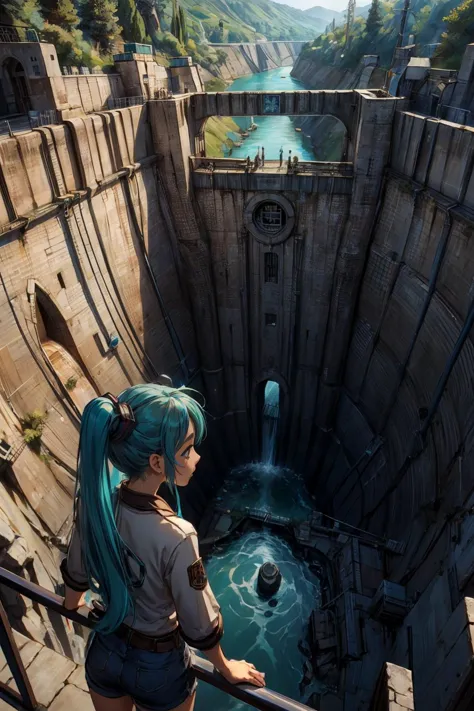 a woman with blue hair standing on a ledge looking at a river