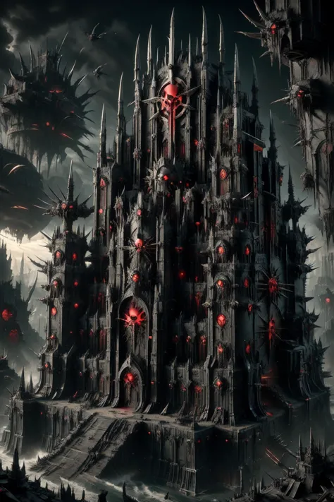 a close up of a castle with a lot of red eyes