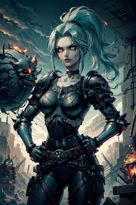 [[Skulls for the skull throne]],
((masterpiece,best quality)), absurdres, <lora:Ember_McLain_Danny_Phantom_Anime:0.8>, Ember_McLain_Danny_Phantom, pony tail, aqua hair, smug, goth, big belt,  hands on hips, contrapposto,
(plate armor, shoulder pads, gauntlets, helmet:1.2), choker,
blue fire in background, cinematic composition,
<lora:more_details:0.5>
<lora:ChaosMarineStyleAISD15:0.5> ChaosMarineStyleAI,