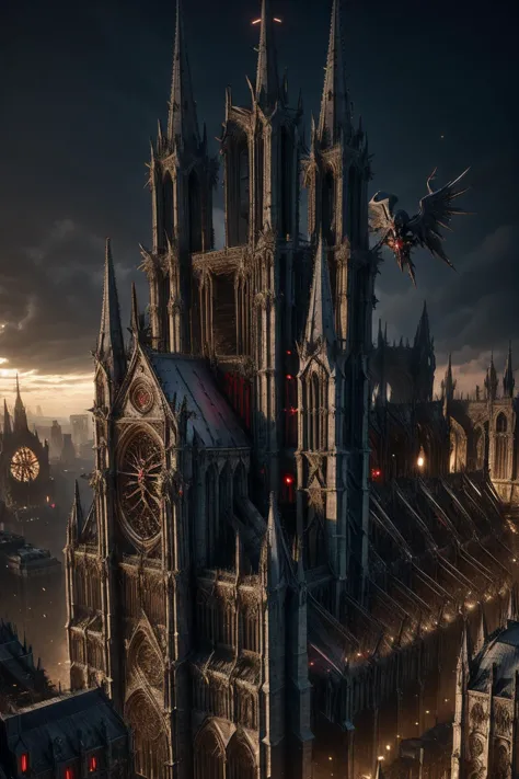 a large cathedral with a clock tower and a dragon flying over it