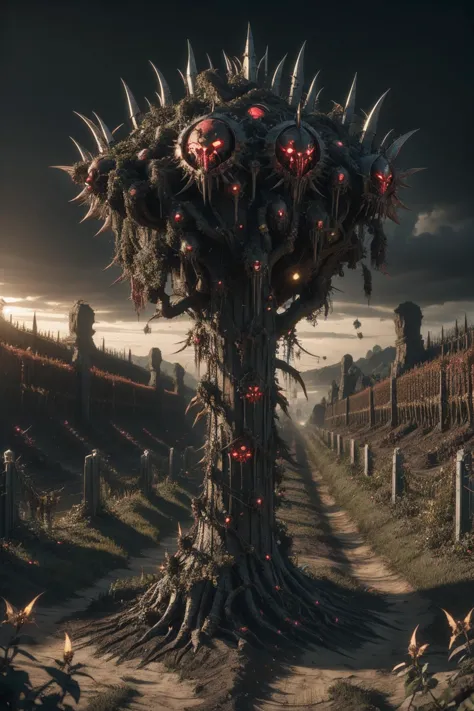 a tree with spikes and red eyes stands in the middle of a graveyard