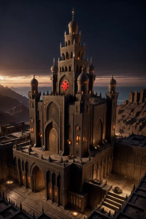 arafed castle with a clock tower in the middle of a desert