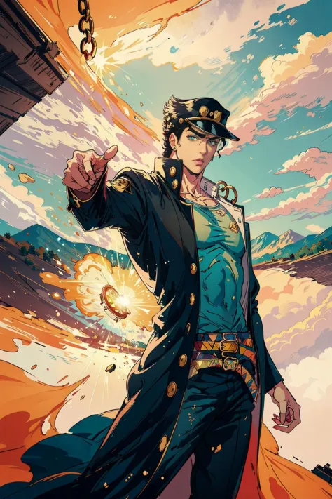 (masterpiece), best quality, 8k, perfect artwork, (choas effect), Fantasy, 1man, KUJO JOTARO, muscular man, star, thick-lipped, big hat ,GREEN EYES, , GAKURAN, LONG COAT, JEWELRY, EARRINGS, CHAIN, Hash,  (jojo pose, pointing)
hilltop monastery with panoramic views of the surrounding landscape, 