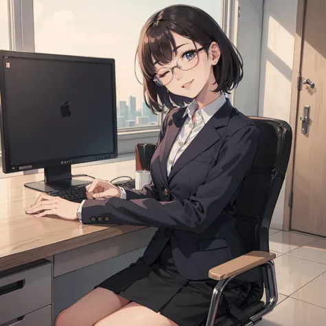 masterpiece,highres,high quality,extremely detailed,solo,
1girl,
one eye closed,head tilt,smile,parted lips,
eyewear,office_lady,skirt_suit,sunshine,tight skirt,desk,chair,