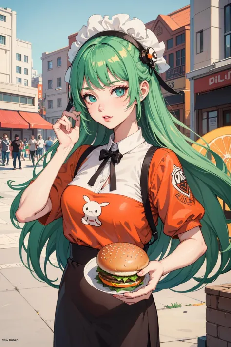 an artwork, Burger, in the style of 2d game art, characterized girl, dmitry vishnevsky, orange and emerald, cute and dreamy, edi...