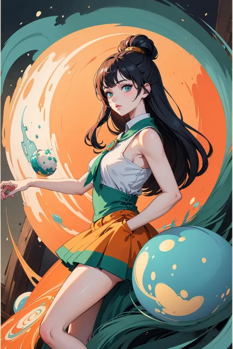 an artwork, IceCreamRound, in the style of 2d game art, characterized girl, dmitry vishnevsky, orange and emerald, cute and drea...