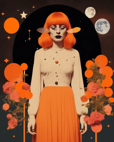 a close up of a woman with orange hair and a dress