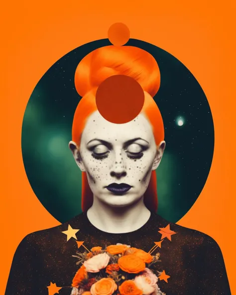 Irish mystic woman with freckles and horns and flowers in her orange hair is wearing a shiny outfit, Arabella Rankin, otherworld...