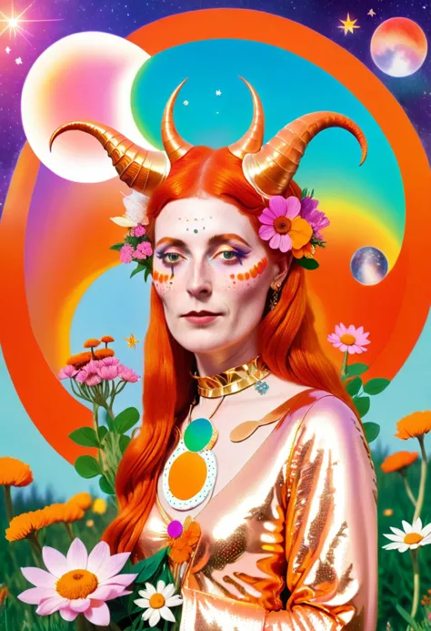 a woman with horns and flowers in a field of flowers