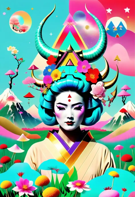 japanese Geisha with big horns and flowers in her turquoise hair in the middle of a field of candy, Arabella Rankin, otherworldly, an album cover, aestheticism, colorful triangles and moon and stars background