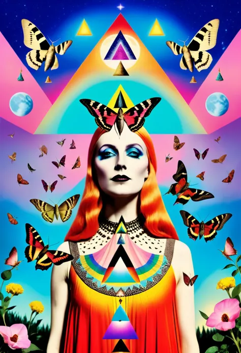 a colorful moth witch with moths around her,arabella rankin, otherworldly, an album cover, aestheticism, moon and triangle backg...