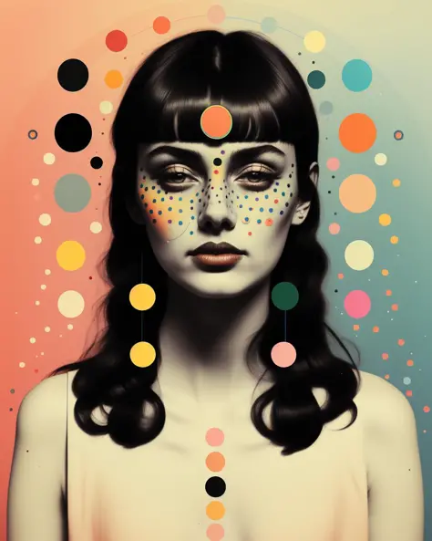 a woman with a colorful face and a lot of dots on her face and a rainbow background