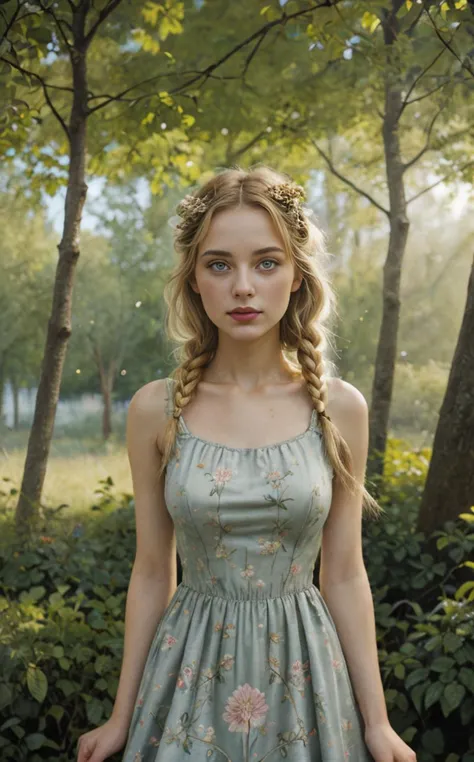 a close up of a woman in a dress standing in a forest