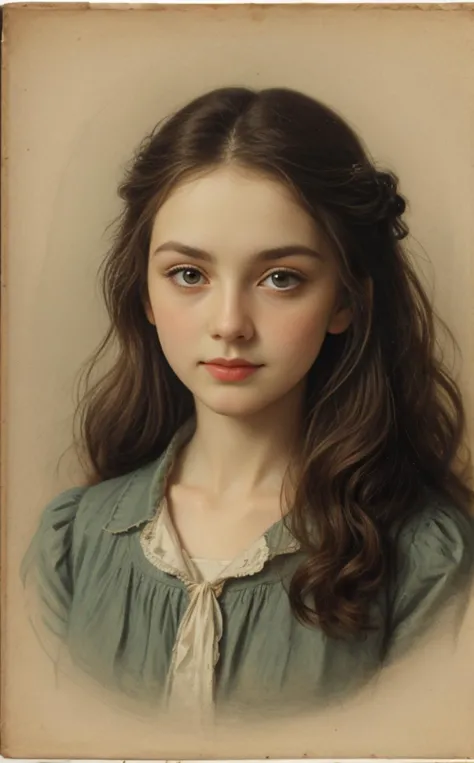 a painting of a young girl with long hair and a green shirt