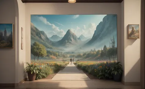 there is a painting of a man walking down a path in a room