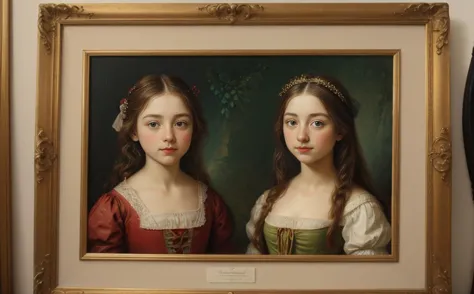 a close up of two paintings of women in dresses and tiables