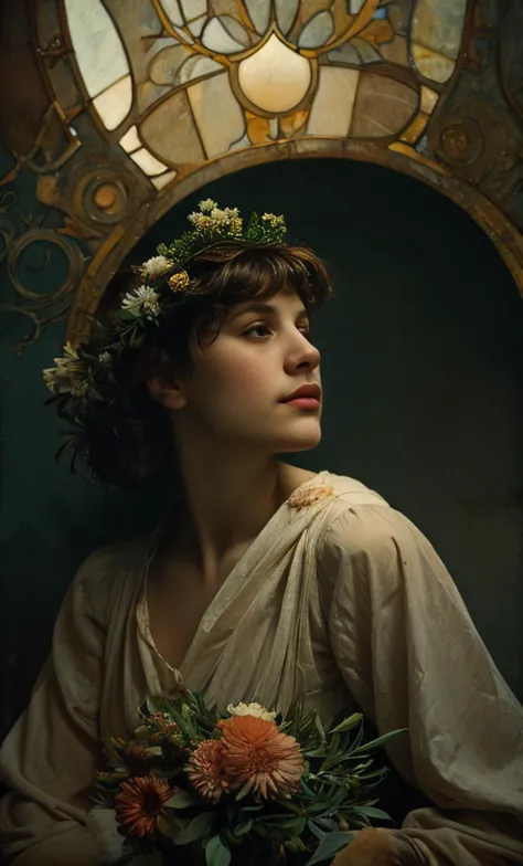 a close up of a woman with a flower crown on her head