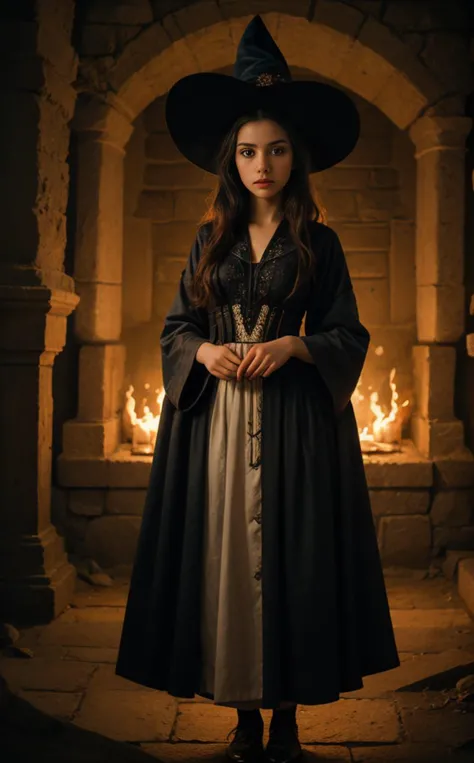 a woman in a witch costume standing in front of a fireplace