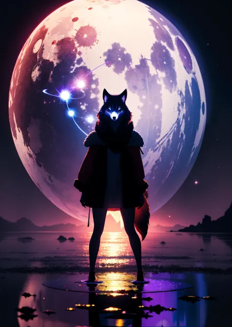 a woman standing on the beach with a wolf in front of a full moon