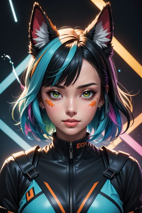 a woman with blue hair and cat ears in a black leather outfit