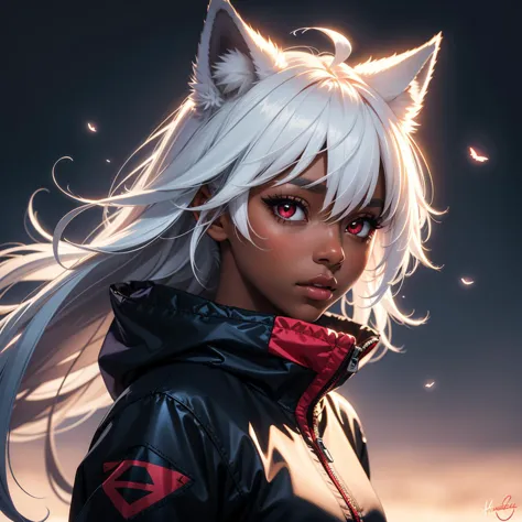 anime girl with white hair and red eyes in a black jacket