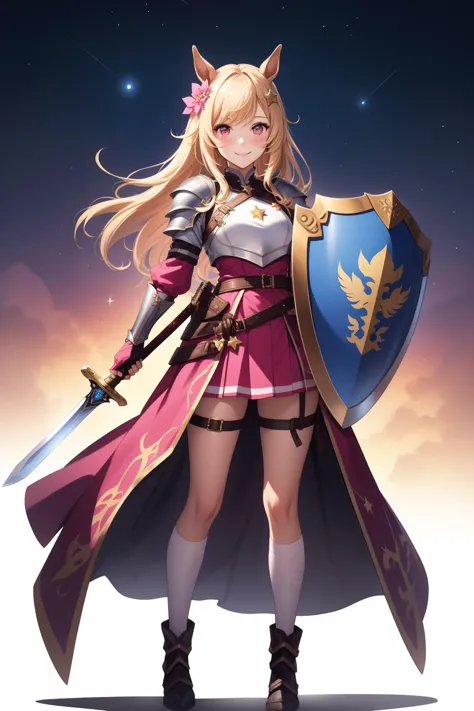 a woman in a pink dress holding a sword and shield